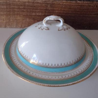 Antique Dome Lid Butter Dish with Gold Trim and Teal Banding