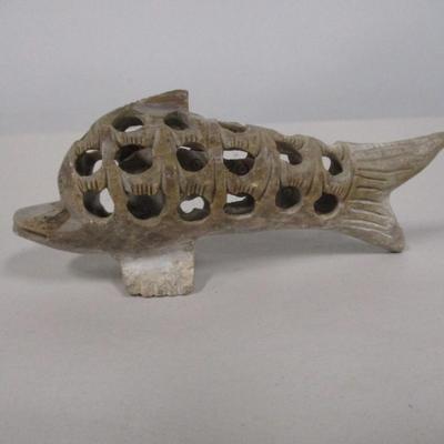 Vintage Hand Carved Soapstone Small Fish Inside Belly of Big Fish