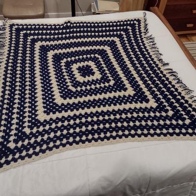 Hand Crocheted Lap Blanket Blue and White