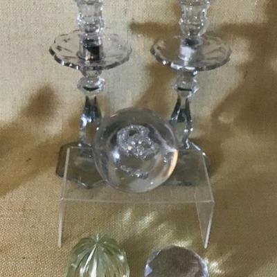 VINTAGE CRYSTAL CANDLE STICKS AND PAPER WEIGHTS