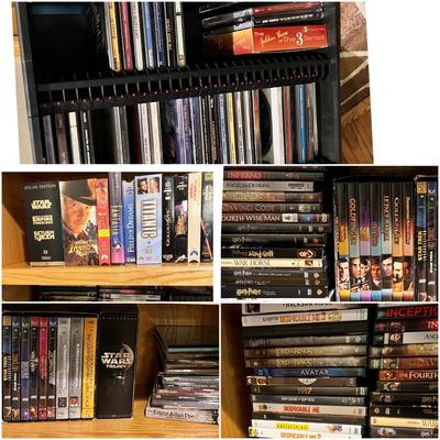 Big Lot of DVDs, VHS Tapes, CDs with Cabinet
