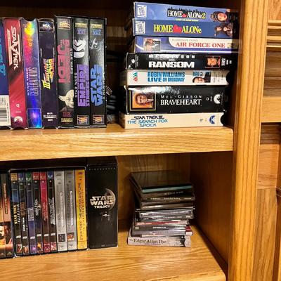 Big Lot of DVDs, VHS Tapes, CDs with Cabinet