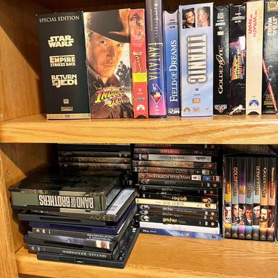 Big Lot of DVDs, VHS Tapes, CDs with Cabinet