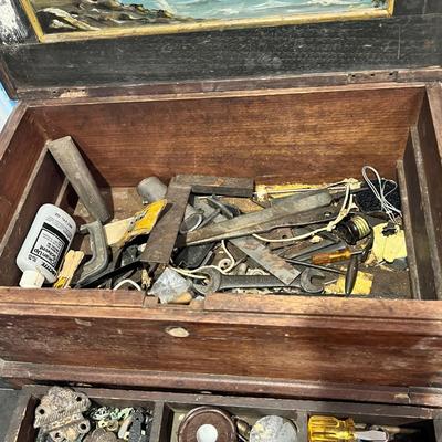 Antique Wood Tool Box / Sea Chest with Contents