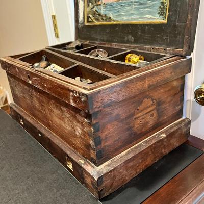 Antique Wood Tool Box / Sea Chest with Contents