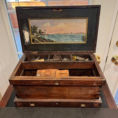 Antique Wood Tool Box / Sea Chest with Contents