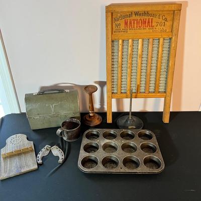 Antique Vintage Mixed Primitives Lot Washboard Lunchbox Muffin Pan +++
