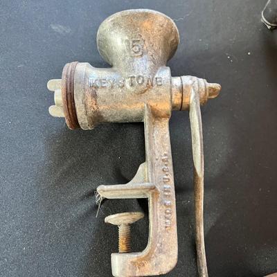 Antique Cast Iron Meat Grinders, Cherry Stoner, Irons w/ Bases