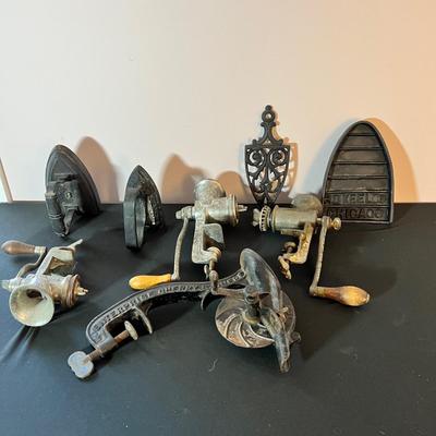 Antique Cast Iron Meat Grinders, Cherry Stoner, Irons w/ Bases
