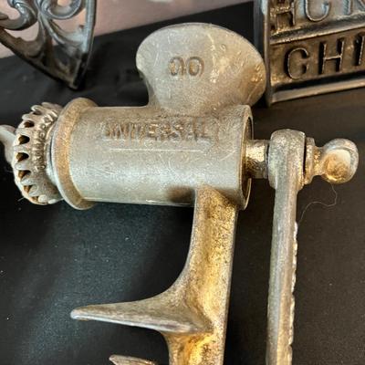 Antique Cast Iron Meat Grinders, Cherry Stoner, Irons w/ Bases