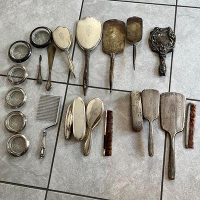 Large Lot Antique Sterling Vanity Sets, Sterling Coasters