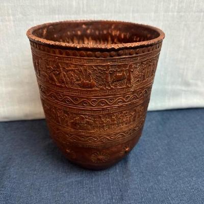 Lot 131 metal embossed bowl made in Greece approximately 9 inches tall
