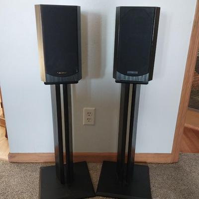 PAIR VENTURI SPEAKERS ON FREE STANDING STANDS
