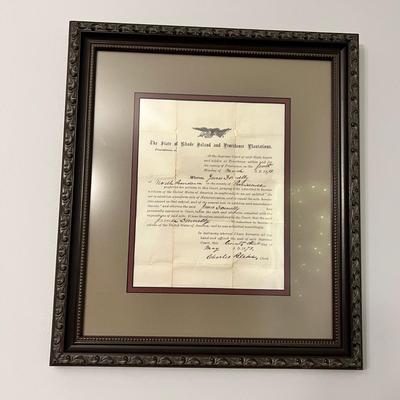 Professionally Framed 1873 Citizenship Document Providence Co., Rhode Island