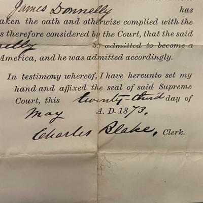 Professionally Framed 1873 Citizenship Document Providence Co., Rhode Island