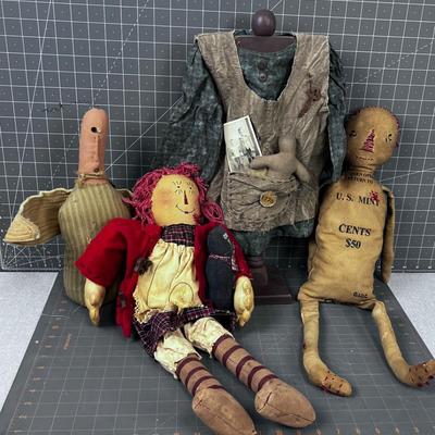 Hand Made Doll: Dress Form, Raggedy Ann, Keep of Blessing & Money Mint Bag Doll 
