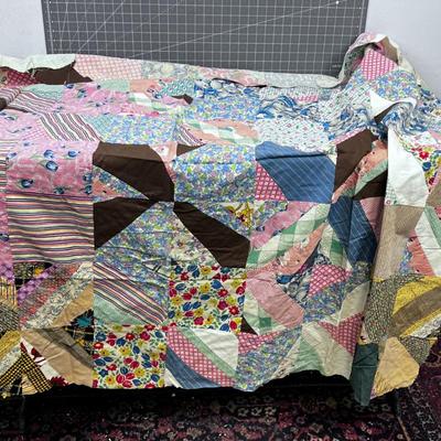 Crazy Quilt Top in Vintage Fabrics, Hand Sewn