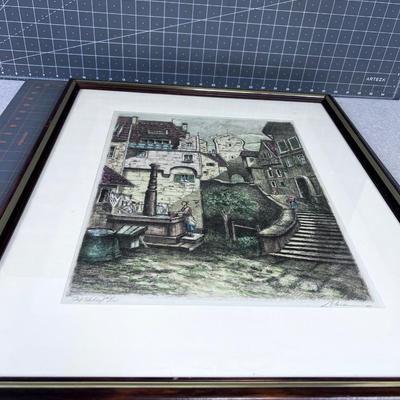 Signed Lithograph Italian or German Village Framed