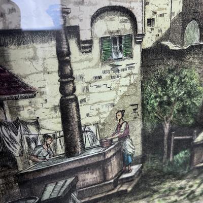 Signed Lithograph Italian or German Village Framed