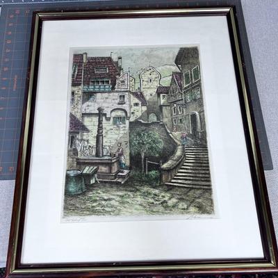Signed Lithograph Italian or German Village Framed