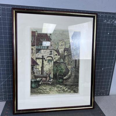 Signed Lithograph Italian or German Village Framed
