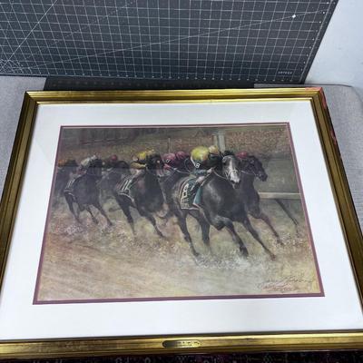 Signed Numbered Limited Edition Lithograph Horse Race. Wining Colors. Matted Framed. 