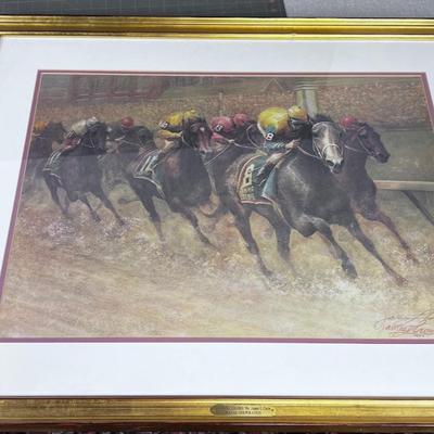 Signed Numbered Limited Edition Lithograph Horse Race. Wining Colors. Matted Framed. 