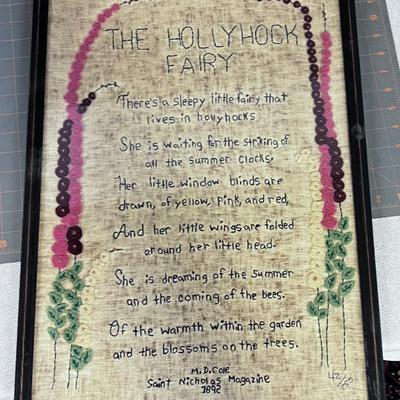 Framed Embroidered Poem of Hollyhock Fairy 