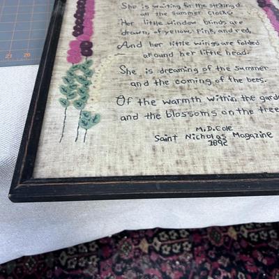 Framed Embroidered Poem of Hollyhock Fairy 