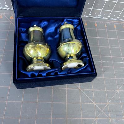 Gold Toned Salt & Pepper in Blue Velvet Box