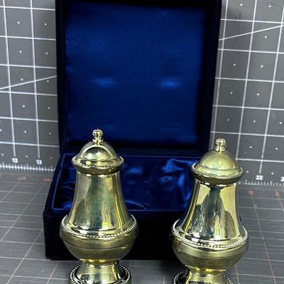 Gold Toned Salt & Pepper in Blue Velvet Box