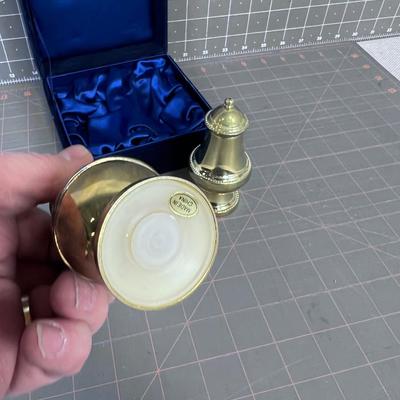 Gold Toned Salt & Pepper in Blue Velvet Box