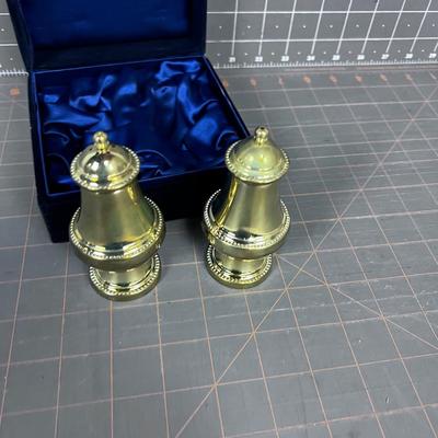 Gold Toned Salt & Pepper in Blue Velvet Box