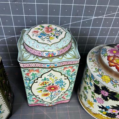 (3) Vintage Floral Tins, Collectible 