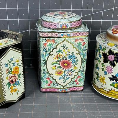 (3) Vintage Floral Tins, Collectible 