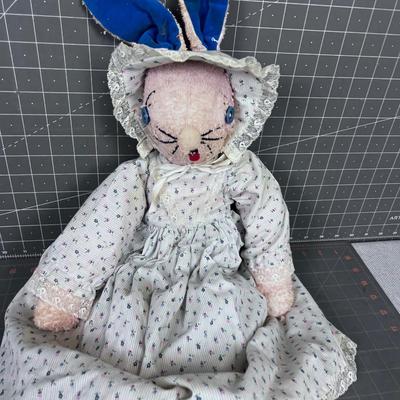 Home Made Bunny made of Terry Cloth in a tiny print Dress and Bloomers
