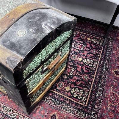 Antique Dome Top Steamer Trunk, Wood Lined with Original Tray Green Embossed 