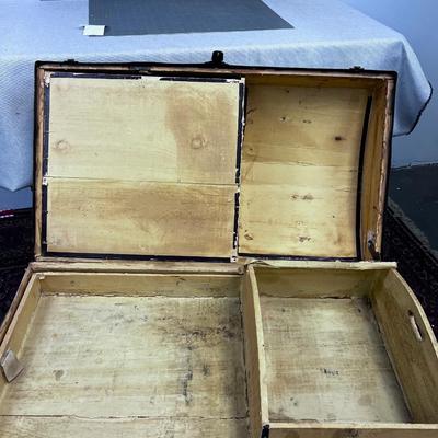 Antique Dome Top Steamer Trunk, Wood Lined with Original Tray Green Embossed 