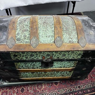 Antique Dome Top Steamer Trunk, Wood Lined with Original Tray Green Embossed 