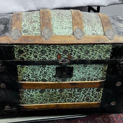 Antique Dome Top Steamer Trunk, Wood Lined with Original Tray Green Embossed 