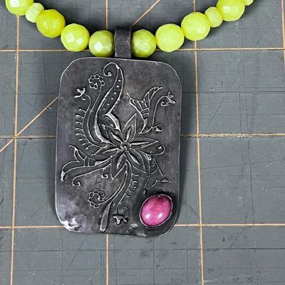 Celery Satin Glass BEADED Necklace with 925 Pieces and Pendant