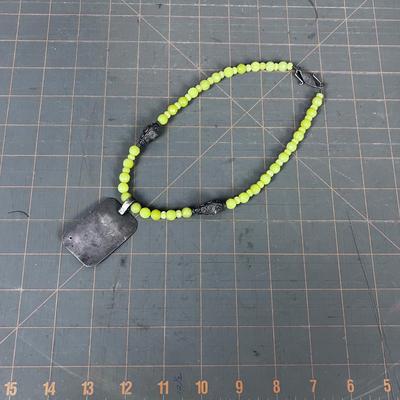 Celery Satin Glass BEADED Necklace with 925 Pieces and Pendant