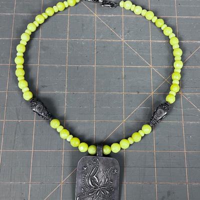 Celery Satin Glass BEADED Necklace with 925 Pieces and Pendant