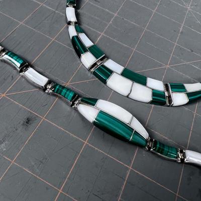 Moon Stone & Malachite Silver Necklace and Bracelet SET 