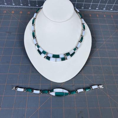 Moon Stone & Malachite Silver Necklace and Bracelet SET 