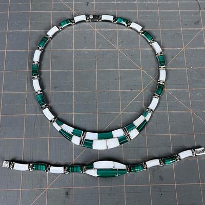 Moon Stone & Malachite Silver Necklace and Bracelet SET 