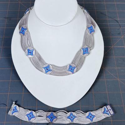 Herringbone Chain Necklace and Bracelet Enamel & 925