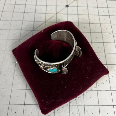 Men's Watch Cuff Turquoise, Coral and Silver Marked OJ