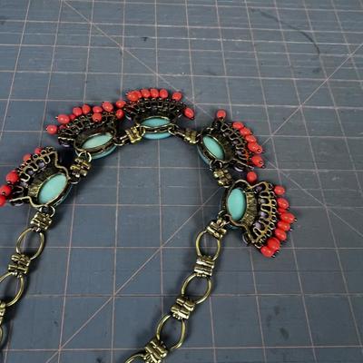 Unique Costume Jewelry Necklace: Sage, Coral and Purple color Plus Faceted Faux Gem