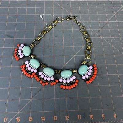 Unique Costume Jewelry Necklace: Sage, Coral and Purple color Plus Faceted Faux Gem